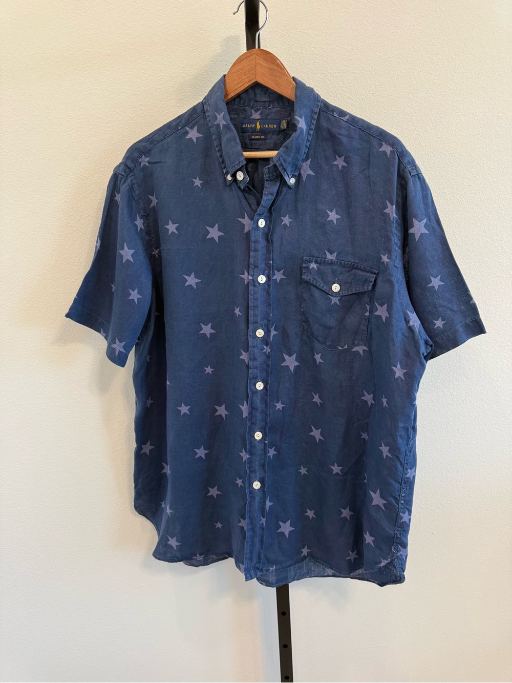 Ralph Lauren 100% Linen Star-Print Short Sleeve Button-Down Shirt XL Americana